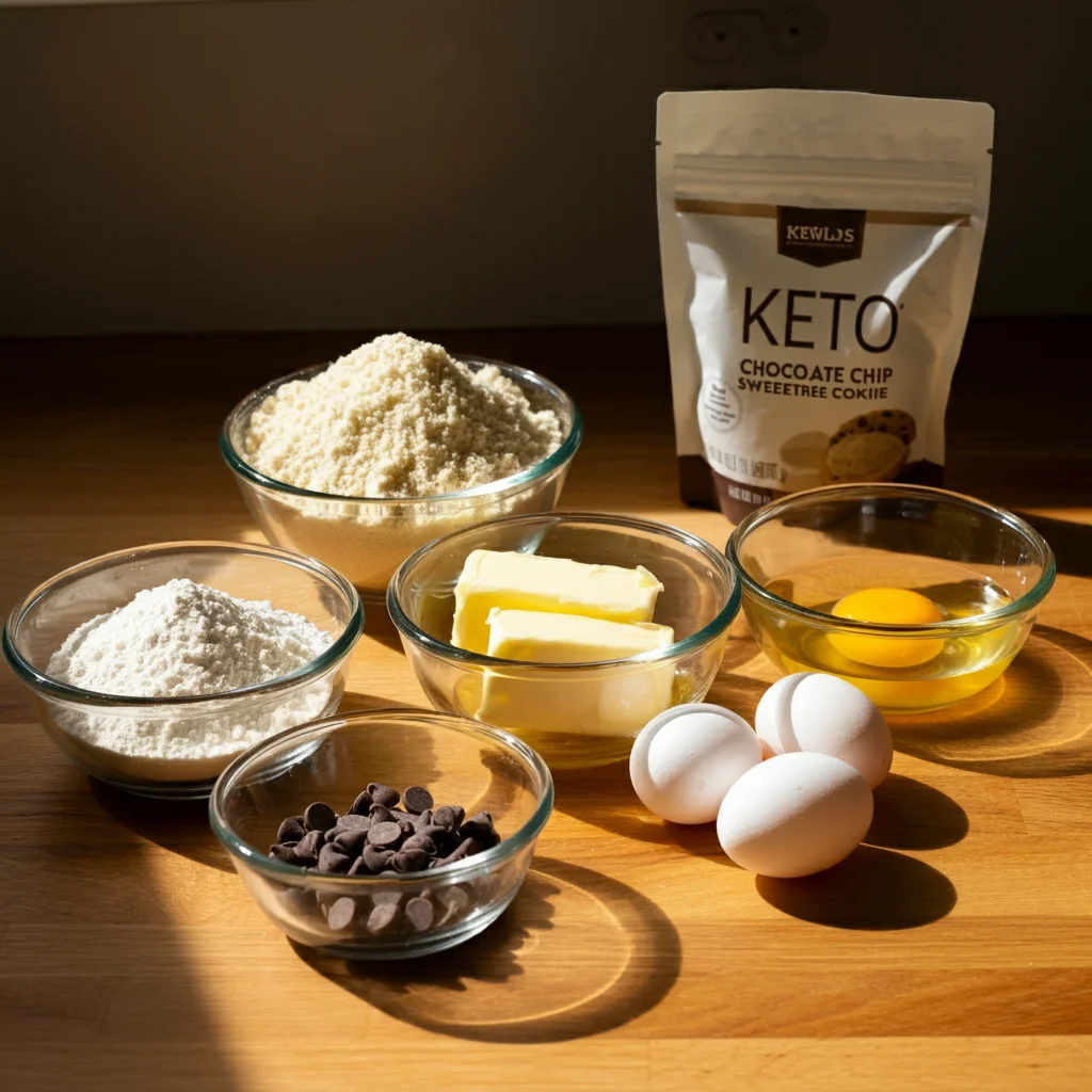 "Ingredients for keto chocolate chip cookies including almond flour, butter, eggs, and sugar-free chocolate chips displayed in small glass bowls on a wooden countertop."
