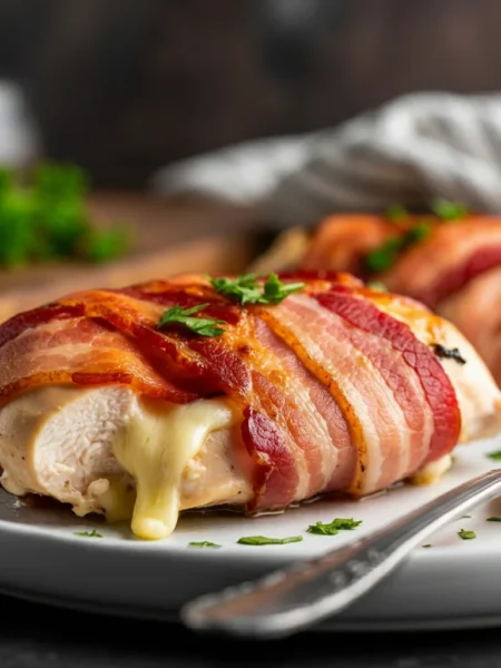 Bacon-wrapped chicken breasts A glass bowl filled with raw chicken breast, uncooked bacon strips, shredded cheddar cheese, and cream cheese cubes on a wooden countertop, surrounded by small bowls with seasonings like garlic powder, salt, and pepper.