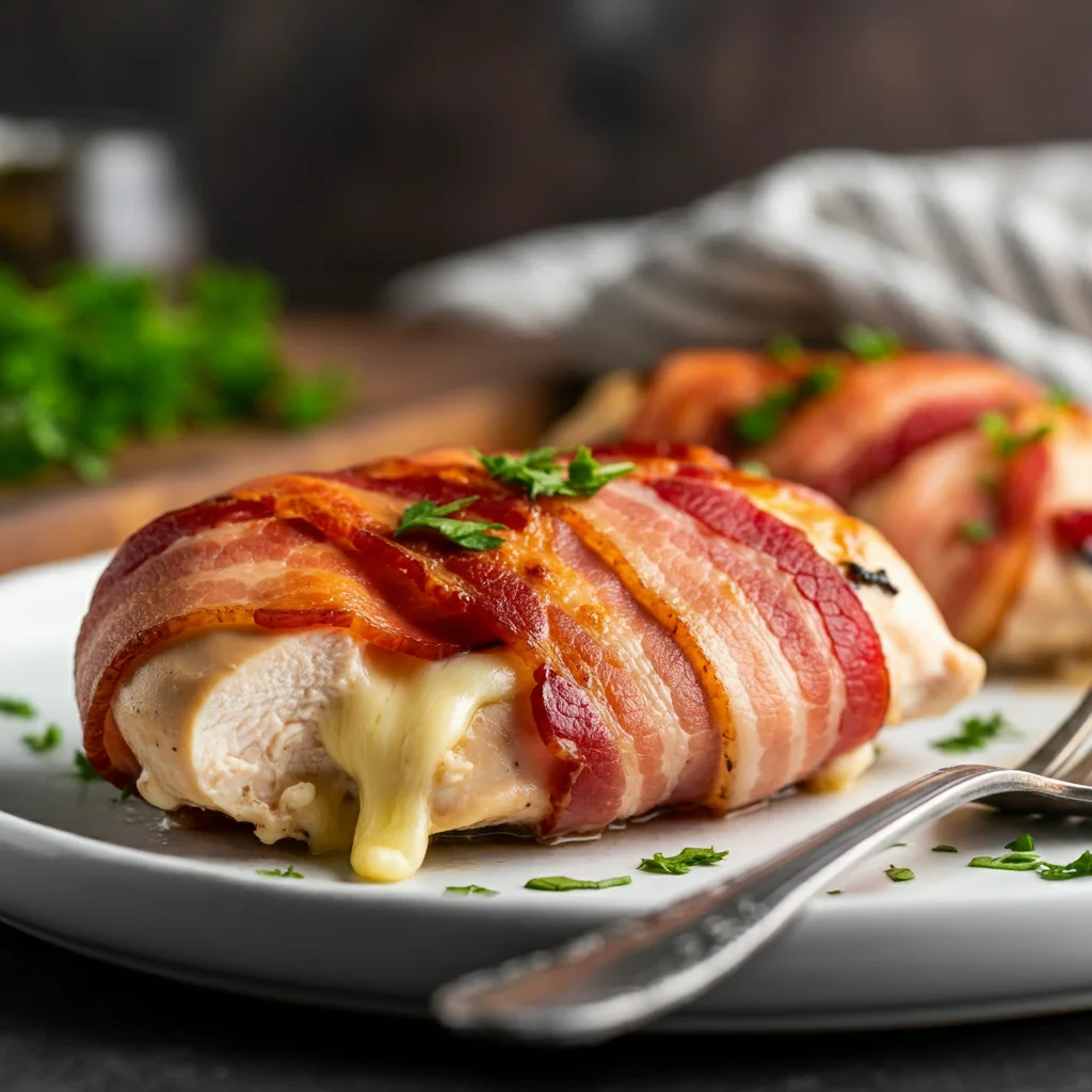 Bacon-wrapped chicken breasts A glass bowl filled with raw chicken breast, uncooked bacon strips, shredded cheddar cheese, and cream cheese cubes on a wooden countertop, surrounded by small bowls with seasonings like garlic powder, salt, and pepper.