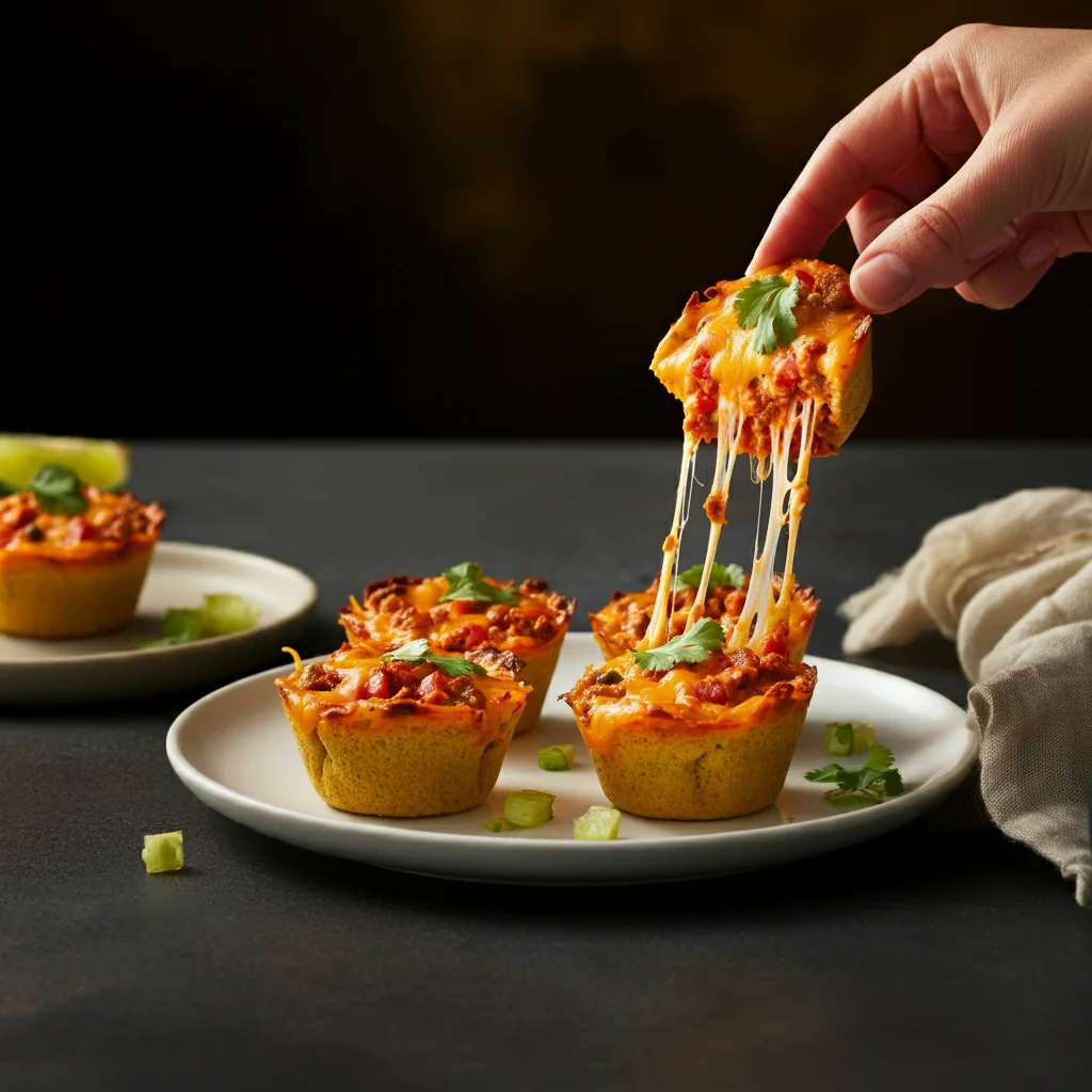 Keto Zesty Chili Lime Taco Cups A hand holding a slice of Keto Zesty Chili Lime Taco Cup on a classy plate, with other cups slightly messy but playful.