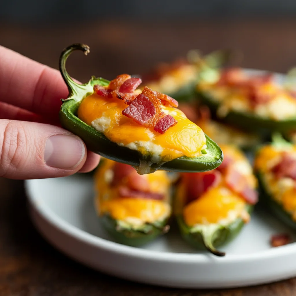 Keto Jalapeño Poppers Close-up of a hand holding a Keto Jalapeño Popper with melted cheese and bacon, blurred poppers in the background.