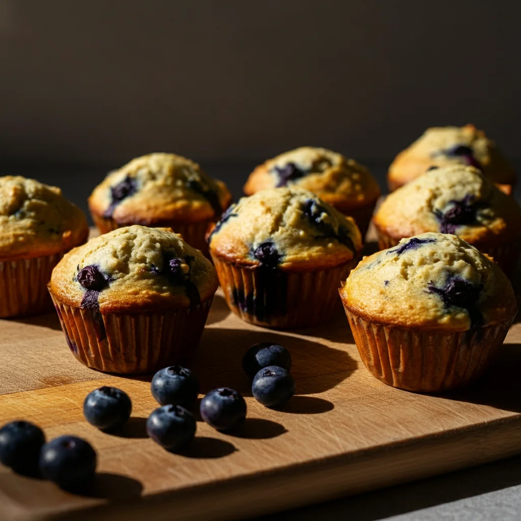 "Keto blueberry muffins made with almond flour, sitting on a plate with fresh blueberries scattered around, golden brown with a fluffy, moist texture."