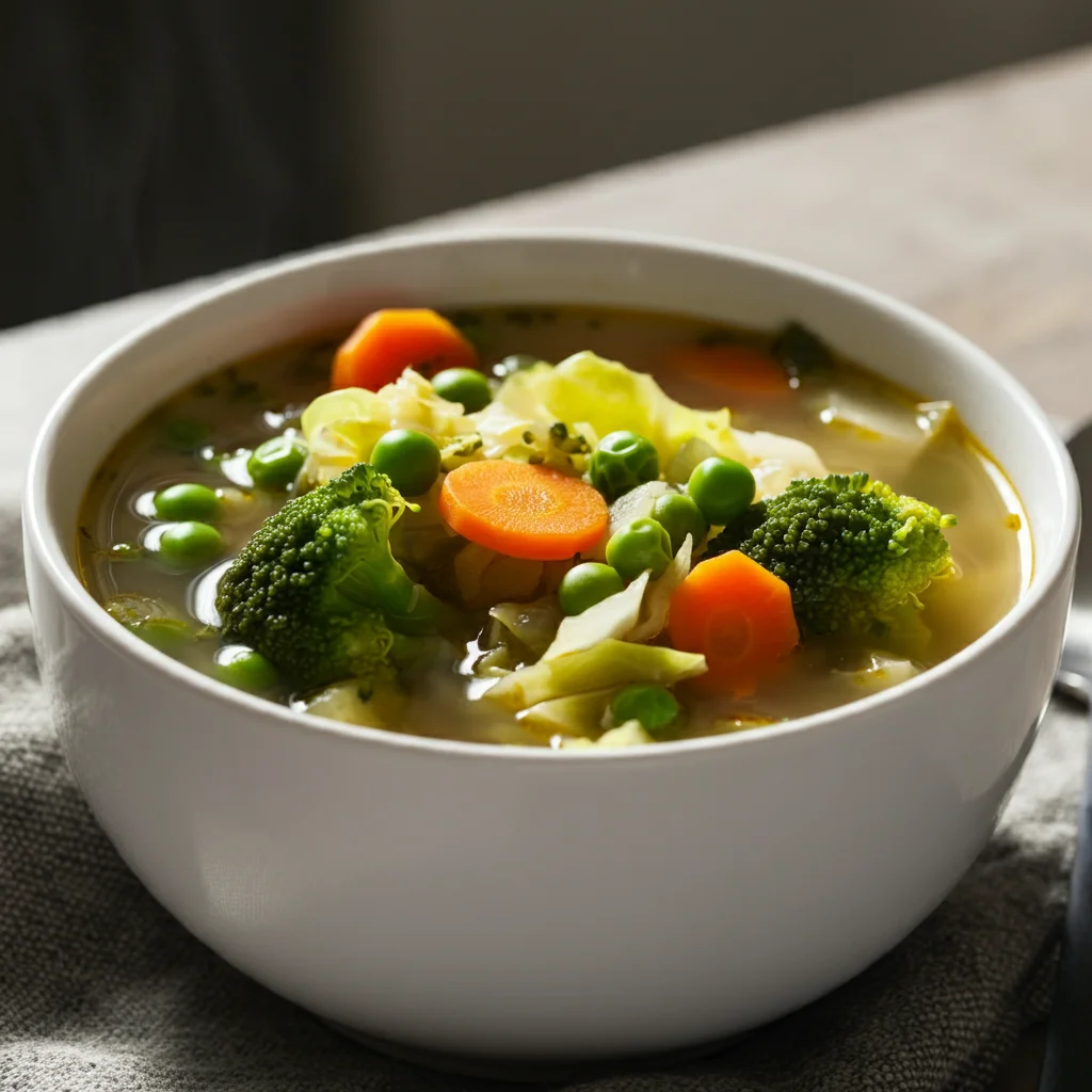 WW 0-Point veggie soup "A bright and colorful bowl of WW 0-point veggie soup filled with fresh, healthy vegetables like Brussels sprouts, broccoli, peas, cabbage, and carrots, all simmering in a light broth. The soup is captured in a cozy home kitchen setting, with natural sunlight highlighting the vibrant vegetables. This nutritious, low-calorie soup is perfect for Weight Watchers, offering a wholesome meal that’s both filling and guilt-free. The vegetables float in the broth, showcasing their tenderness and fresh quality. A hand holds the bowl in one image, giving it a casual, homemade feel, while another image captures the soup from a different angle, emphasizing the simplicity and comfort of this healthy dish."