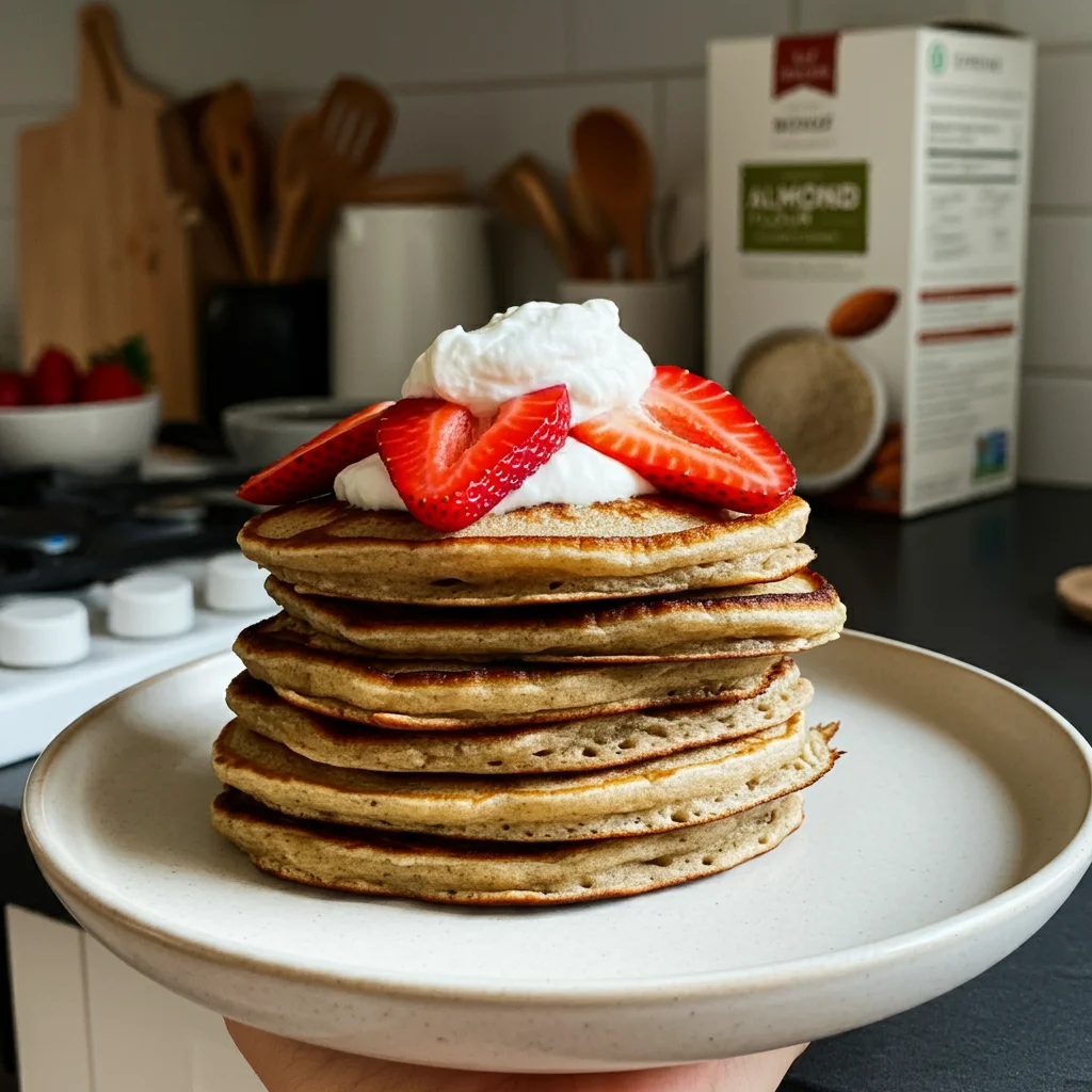 keto pancake A glass bowl filled with keto pancake ingredients—almond flour, eggs, cream cheese, and keto milk—sits on a cozy kitchen countertop. Surrounding the bowl are small glass dishes holding each ingredient separately. In another image, a stack of golden keto pancakes topped with whipped cream and fresh strawberries, looks delicious, captured casually by a mobile camera. One shot shows a close-up of a hand lifting a pancake from the stack, highlighting its fluffy texture and rich, golden color, perfect for a keto breakfast.