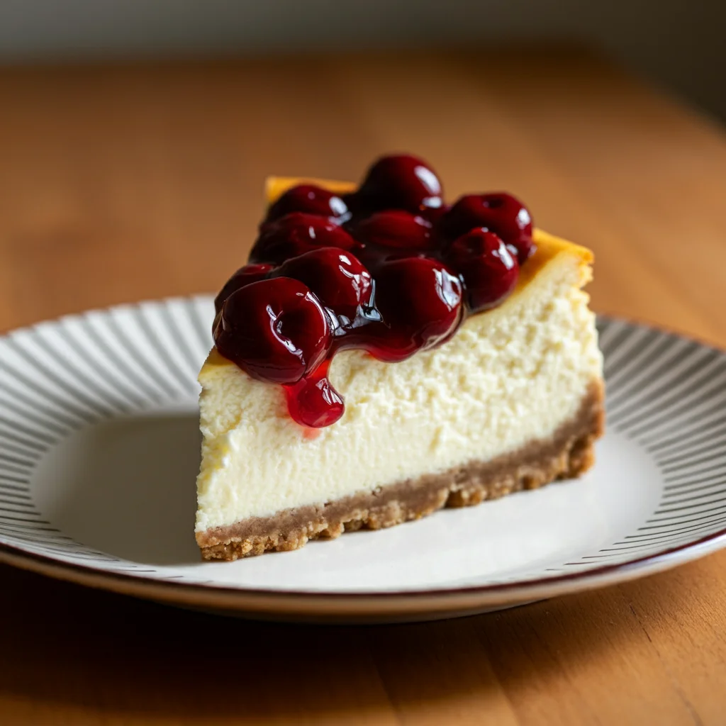 keto cheesecake with cherry pie filling A slice of creamy keto cheesecake topped with vibrant, sugar-free cherry pie filling rests on a simple striped ceramic plate. The cheesecake has a golden almond flour crust and smooth, rich filling, with the cherry topping providing a pop of color and tangy sweetness. The photo is taken at a slight angle, showcasing the layers and textures of the dessert. The overall presentation is casual and inviting, giving the feel of a homemade, low-carb treat perfect for keto diets.