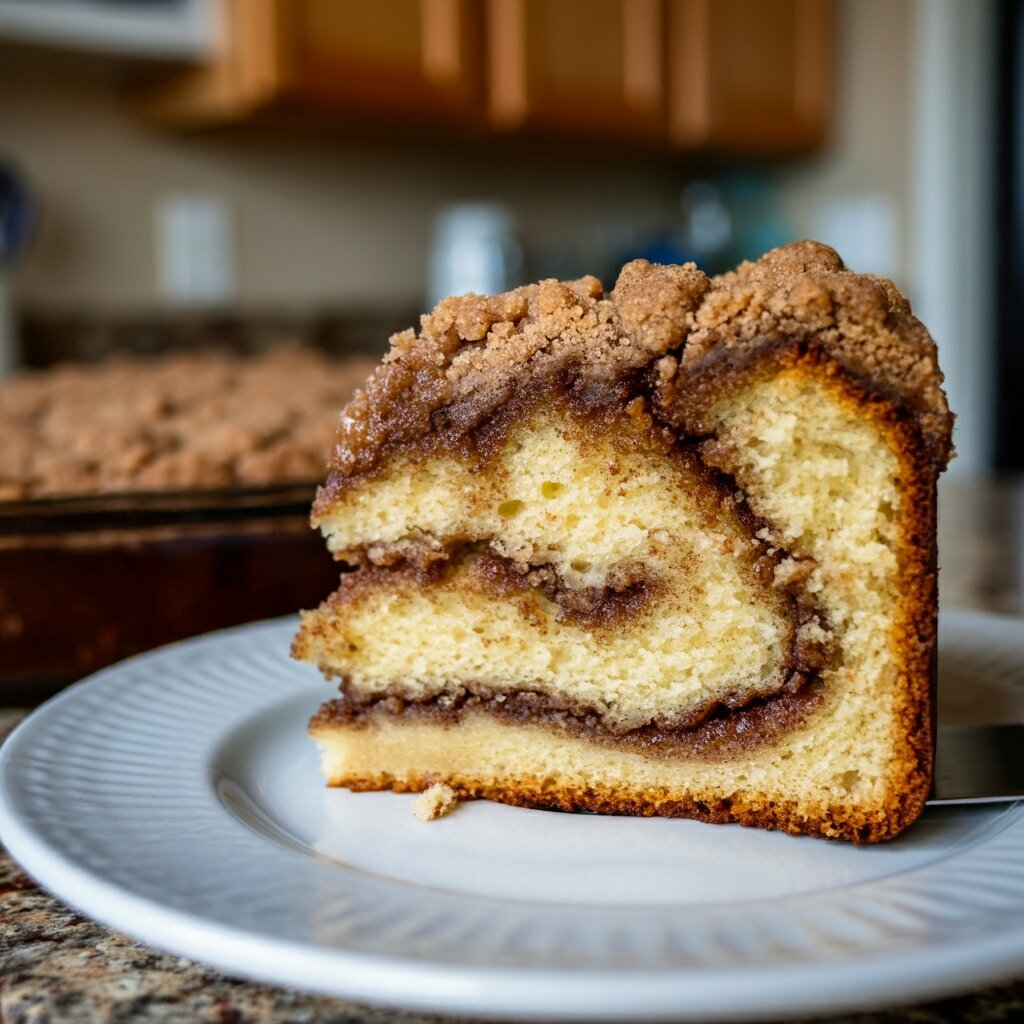 Lightened Up Coffee Cake A slice of freshly baked Lightened Up Coffee Cake with a crumb topping, captured casually with a mobile phone.