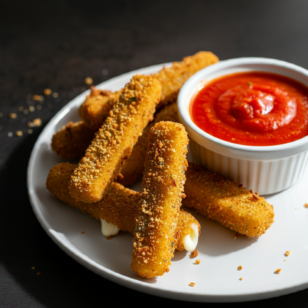 "Golden, crispy keto mozzarella sticks on a white plate with marinara sauce. A hand holds one stick with gooey, melted cheese stretching from a bite. The background features a clean kitchen setting, showing the casual, homemade snack in natural lighting."