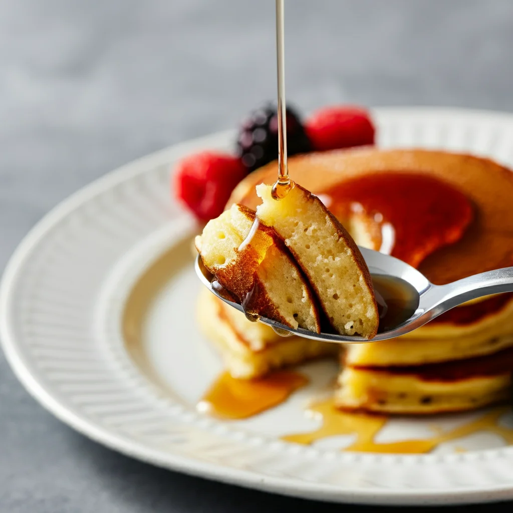 A close-up shot of a spoon holding a bite-sized portion of a golden pancake, placed on a white plate with syrup drizzles and fresh berries. The image has a soft, elegant feel with a slightly blurred background for a professional presentation.
Weight Watchers 0-Point Protein Pancakes