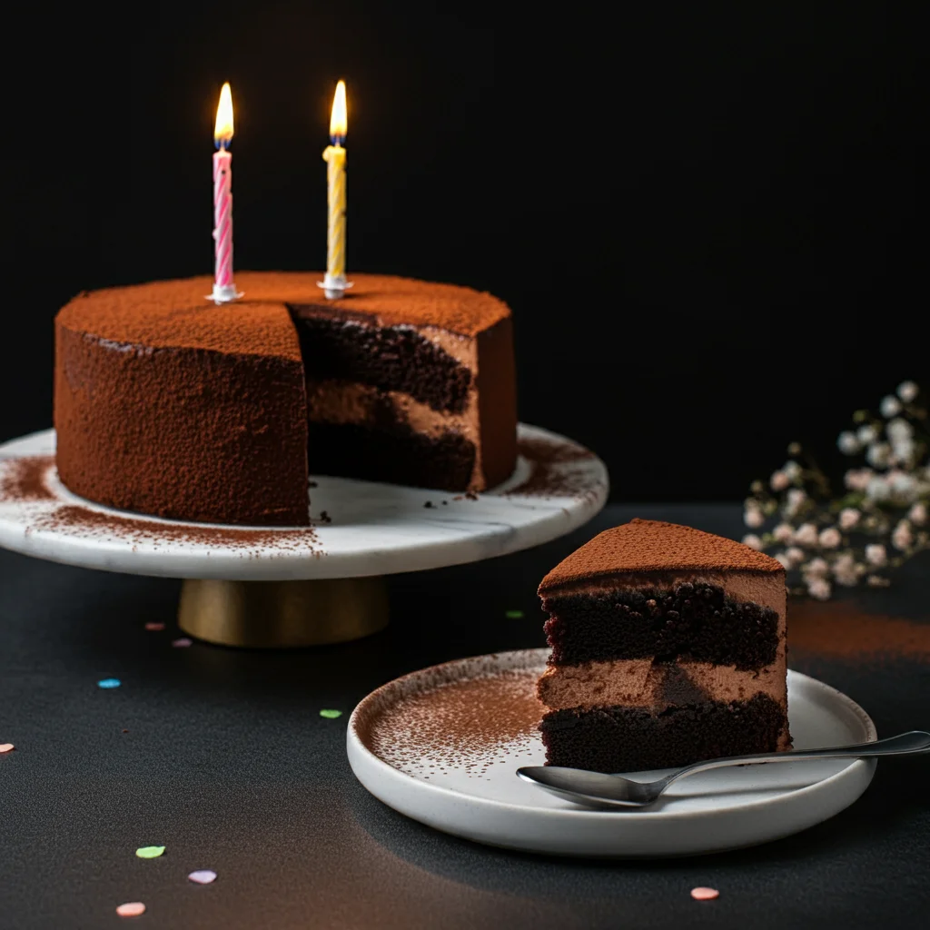 Whole, uncut Chocolate Truffle Cake with a smooth, cocoa-dusted surface sitting on a plain white ceramic plate. The cake has no decorations or candles, showcasing a minimalist, freshly baked appearance before final presentation. The neutral background and soft lighting highlight the cake’s natural texture.