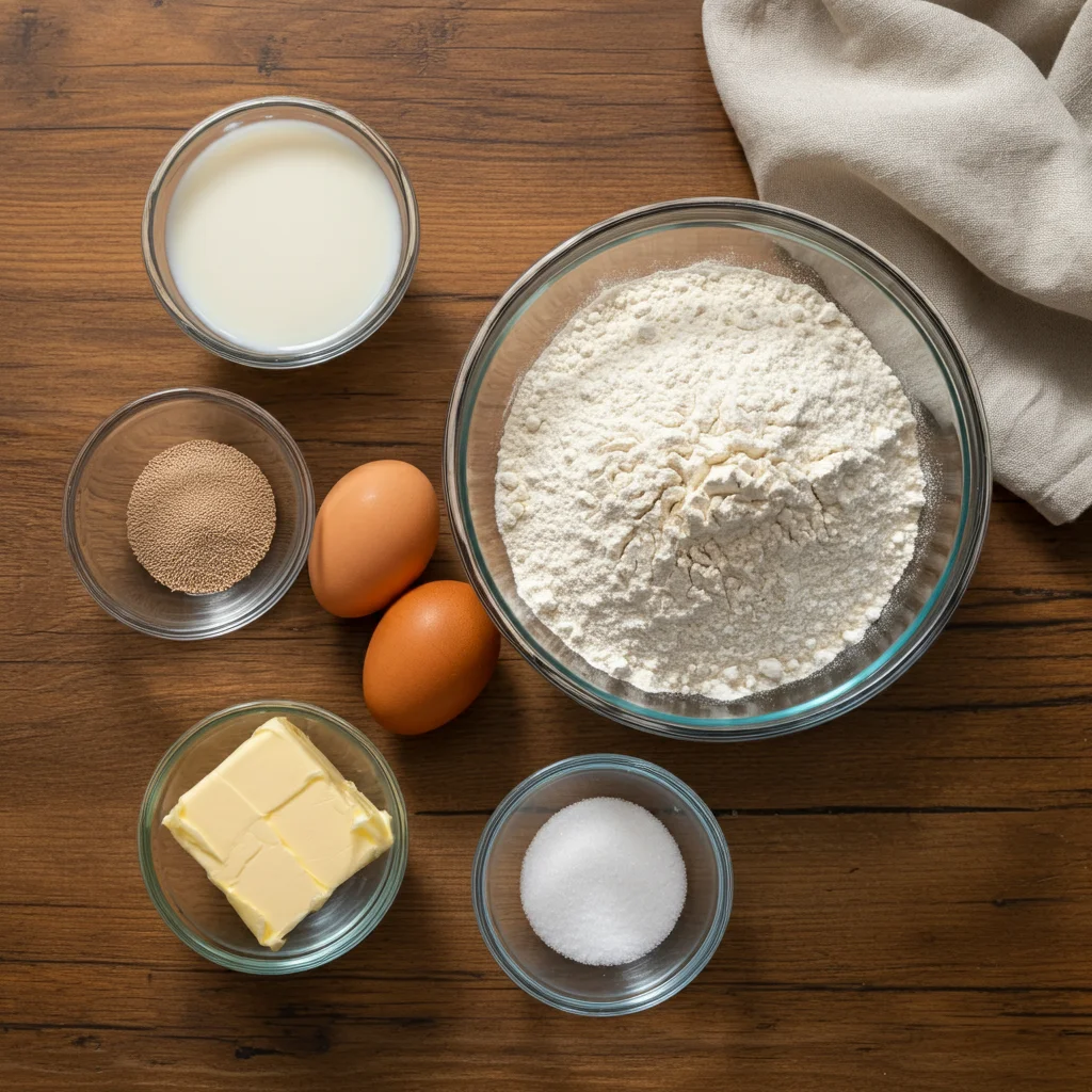 "Top-down view of individual ingredients for Milk Brioche Rolls arranged in small glass bowls on a rustic wooden countertop. A large bowl in the center contains flour, surrounded by smaller bowls holding almond milk, active dry yeast, granulated sugar, eggs, softened light butter, and salt. A kitchen cloth lies nearby, with soft, natural light from a window casting gentle shadows, creating a cozy, homey atmosphere."