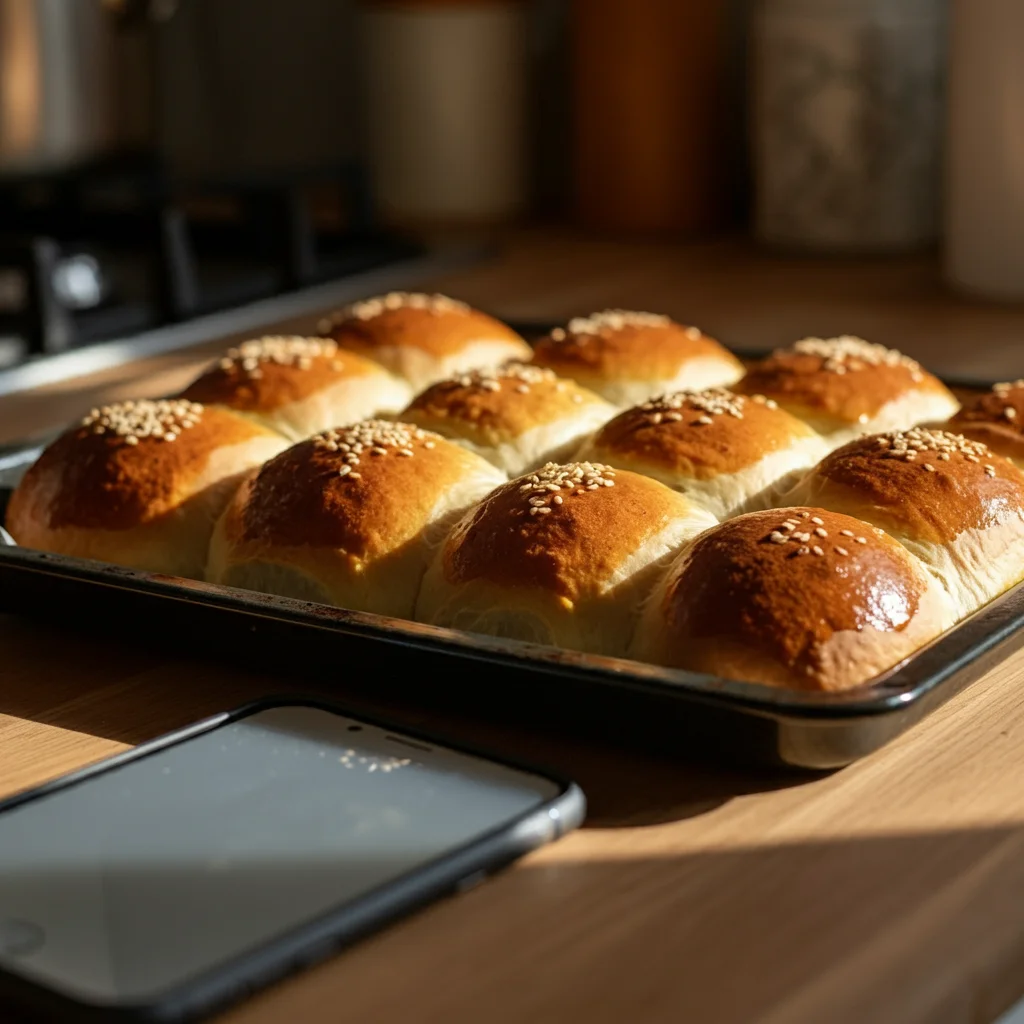 "A side-angle view of a baking tray with 12 golden-brown Milk Brioche Rolls arranged in a 3x4 grid, placed on a wooden countertop. The rolls have smooth, shiny tops, with some sprinkled with sesame seeds. Warm sunlight shines in from the side, casting soft shadows that highlight the fluffy texture and golden color. A smartphone rests on the countertop near the tray, adding a casual, homey feel to the scene, as if captured with a handheld camera."