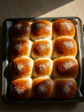 "A top-down view of a black baking tray with exactly 12 golden-brown Milk Brioche Rolls arranged in a 3x4 grid on a wooden countertop. The rolls are glossy and some are sprinkled with sesame seeds. Warm sunlight streams in from the side, casting soft shadows around the tray, accentuating the soft texture and inviting color of the rolls. The scene has a cozy, homemade vibe, capturing the warmth and comfort of fresh baking in a home kitchen."