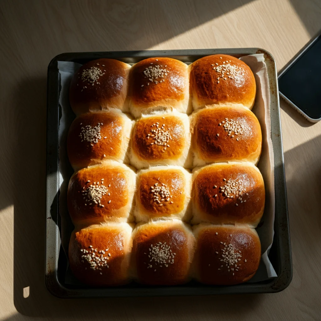 "A top-down view of a black baking tray with exactly 12 golden-brown Milk Brioche Rolls arranged in a 3x4 grid on a wooden countertop. The rolls are glossy and some are sprinkled with sesame seeds. Warm sunlight streams in from the side, casting soft shadows around the tray, accentuating the soft texture and inviting color of the rolls. The scene has a cozy, homemade vibe, capturing the warmth and comfort of fresh baking in a home kitchen."