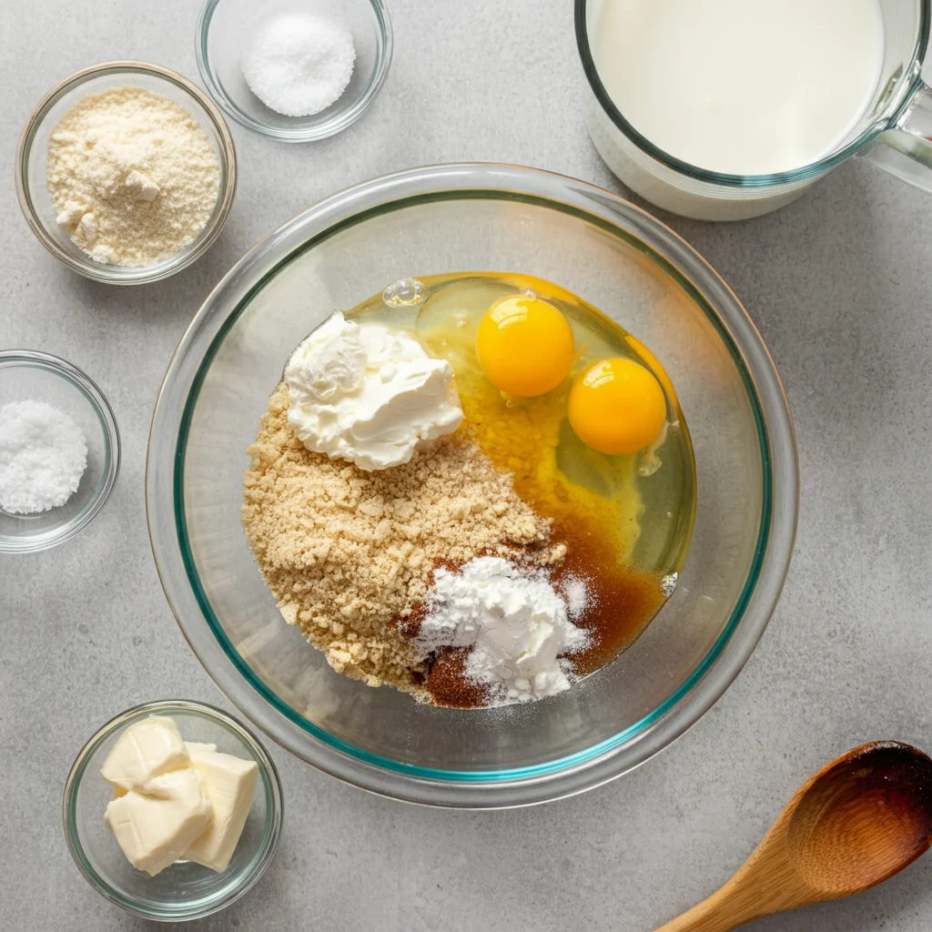 keto pancake A glass bowl filled with keto pancake ingredients—almond flour, eggs, cream cheese, and keto milk—sits on a cozy kitchen countertop. Surrounding the bowl are small glass dishes holding each ingredient separately. In another image, a stack of golden keto pancakes topped with whipped cream and fresh strawberries, looks delicious, captured casually by a mobile camera. One shot shows a close-up of a hand lifting a pancake from the stack, highlighting its fluffy texture and rich, golden color, perfect for a keto breakfast.