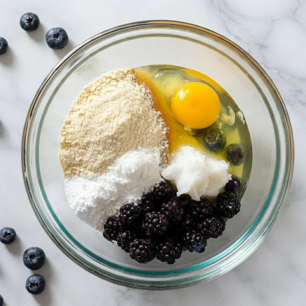 "Keto blueberry muffins made with almond flour, sitting on a plate with fresh blueberries scattered around, golden brown with a fluffy, moist texture."