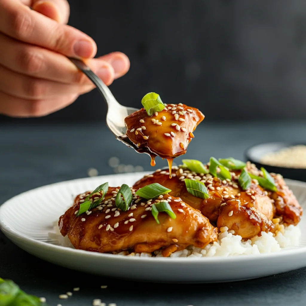 Keto Hawaiian Style Teriyaki Chicken Close-up of Keto Teriyaki Chicken on a white plate, with a hand holding a spoonful of chicken, garnished with green onions and sesame seeds.