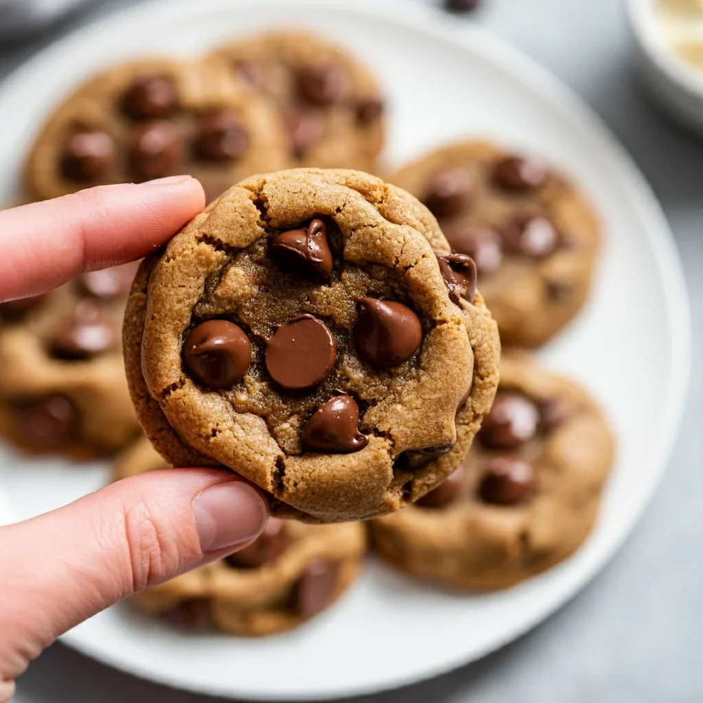 A close-up of a hand holding a keto chocolate chip cookie with melted chocolate chips, with more cookies elegantly arranged on a white plate in the background."