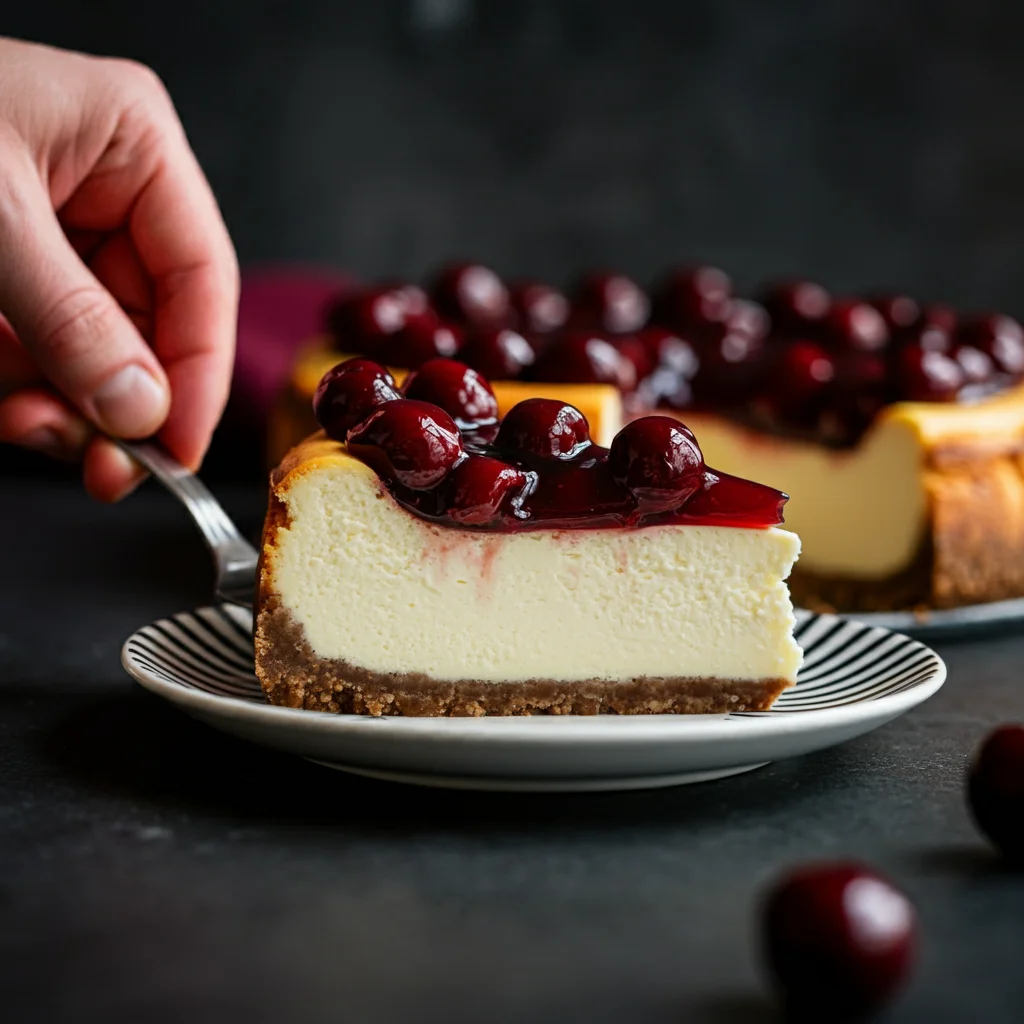 keto cheesecake with cherry pie filling A slice of creamy keto cheesecake topped with vibrant, sugar-free cherry pie filling rests on a simple striped ceramic plate. The cheesecake has a golden almond flour crust and smooth, rich filling, with the cherry topping providing a pop of color and tangy sweetness. The photo is taken at a slight angle, showcasing the layers and textures of the dessert. The overall presentation is casual and inviting, giving the feel of a homemade, low-carb treat perfect for keto diets.