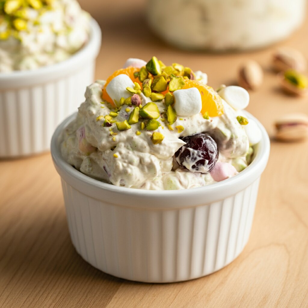 No-Sugar Pistachio Fluff with Pineapple and Mandarin Oranges Close-up of pistachio fluff with pineapple and mandarin oranges in a white bowl, casually captured from a handheld mobile phone.