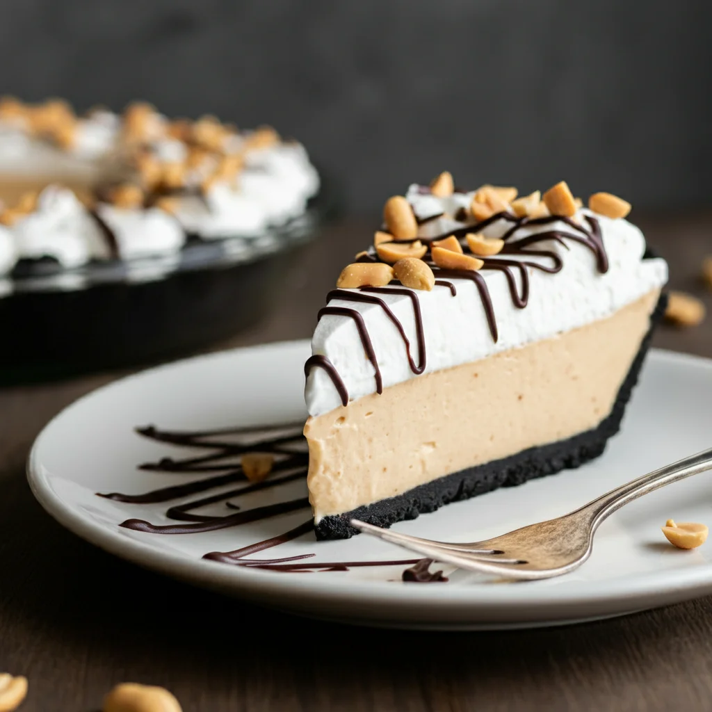 Keto Peanut Butter Pie A close-up of a hand holding a slightly imperfect slice of keto peanut butter pie with a pie plate in the background."