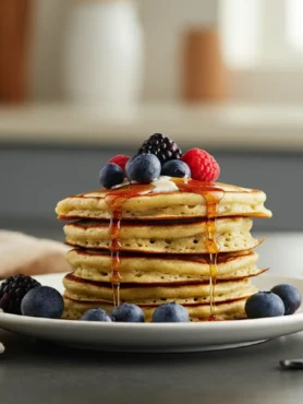 A stack of homemade Weight Watchers 0-Point Protein Pancakes on a simple white plate, drizzled with sugar-free syrup and garnished with fresh berries. The photo is taken from a slightly tilted angle with soft, natural lighting, capturing a warm, casual kitchen setting. The pancakes appear fluffy and golden brown, creating an inviting, home-cooked feel.