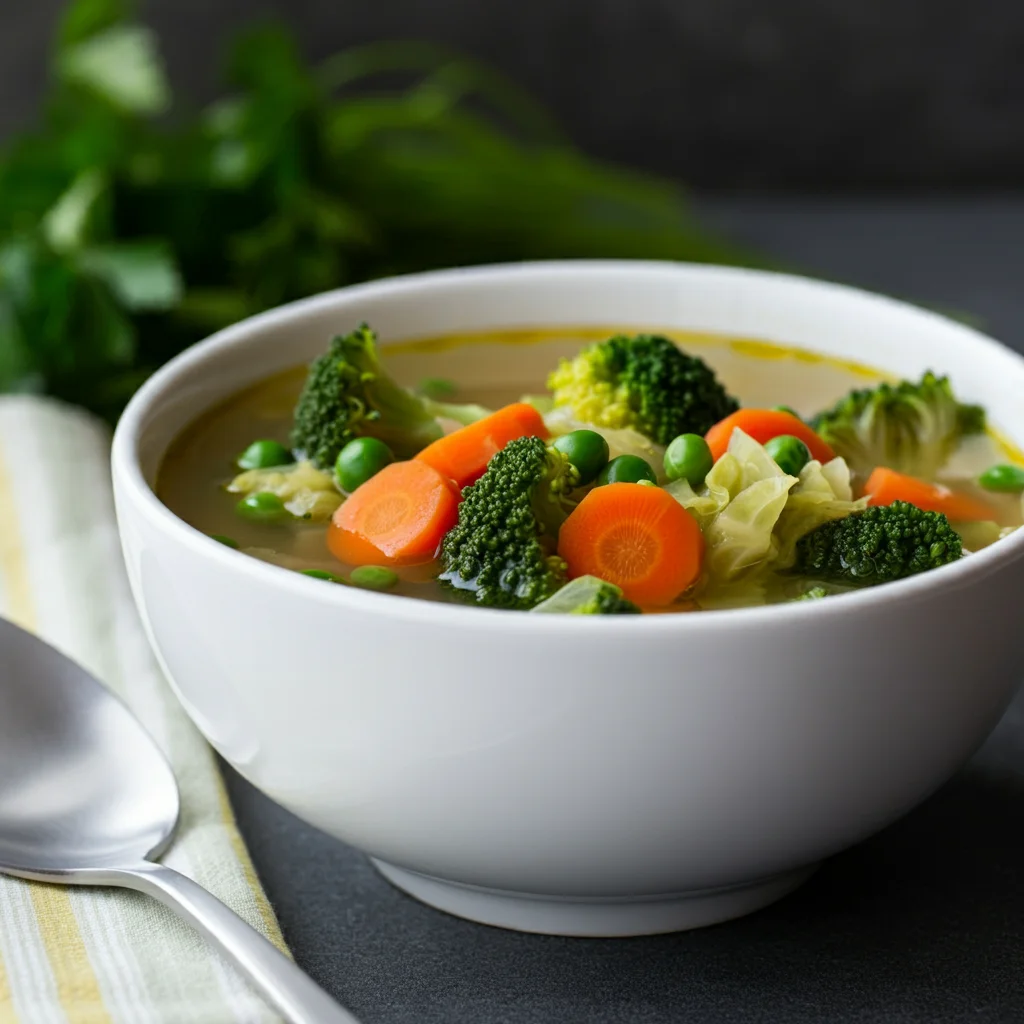 A bright and colorful bowl of WW 0-point veggie soup filled with fresh, healthy vegetables like Brussels sprouts, broccoli, peas, cabbage, and carrots, all simmering in a light broth. The soup is captured in a cozy home kitchen setting, with natural sunlight highlighting the vibrant vegetables. This nutritious, low-calorie soup is perfect for Weight Watchers, offering a wholesome meal that’s both filling and guilt-free. The vegetables float in the broth, showcasing their tenderness and fresh quality. A hand holds the bowl in one image, giving it a casual, homemade feel, while another image captures the soup from a different angle, emphasizing the simplicity and comfort of this healthy dish."