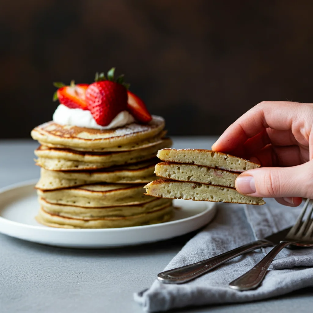 keto pancake A glass bowl filled with keto pancake ingredients—almond flour, eggs, cream cheese, and keto milk—sits on a cozy kitchen countertop. Surrounding the bowl are small glass dishes holding each ingredient separately. In another image, a stack of golden keto pancakes topped with whipped cream and fresh strawberries, looks delicious, captured casually by a mobile camera. One shot shows a close-up of a hand lifting a pancake from the stack, highlighting its fluffy texture and rich, golden color, perfect for a keto breakfast.