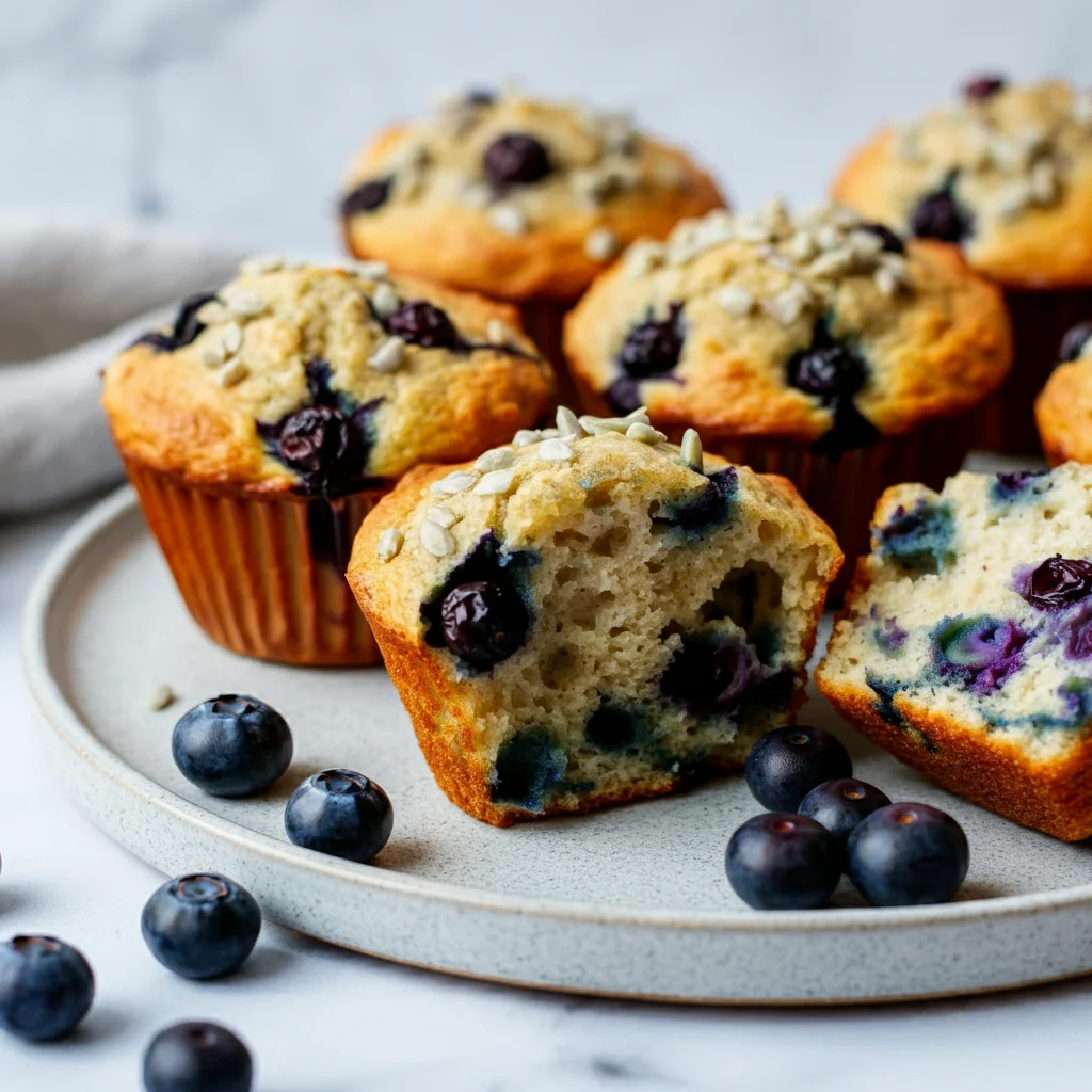 "Keto blueberry muffins made with almond flour, sitting on a plate with fresh blueberries scattered around, golden brown with a fluffy, moist texture."