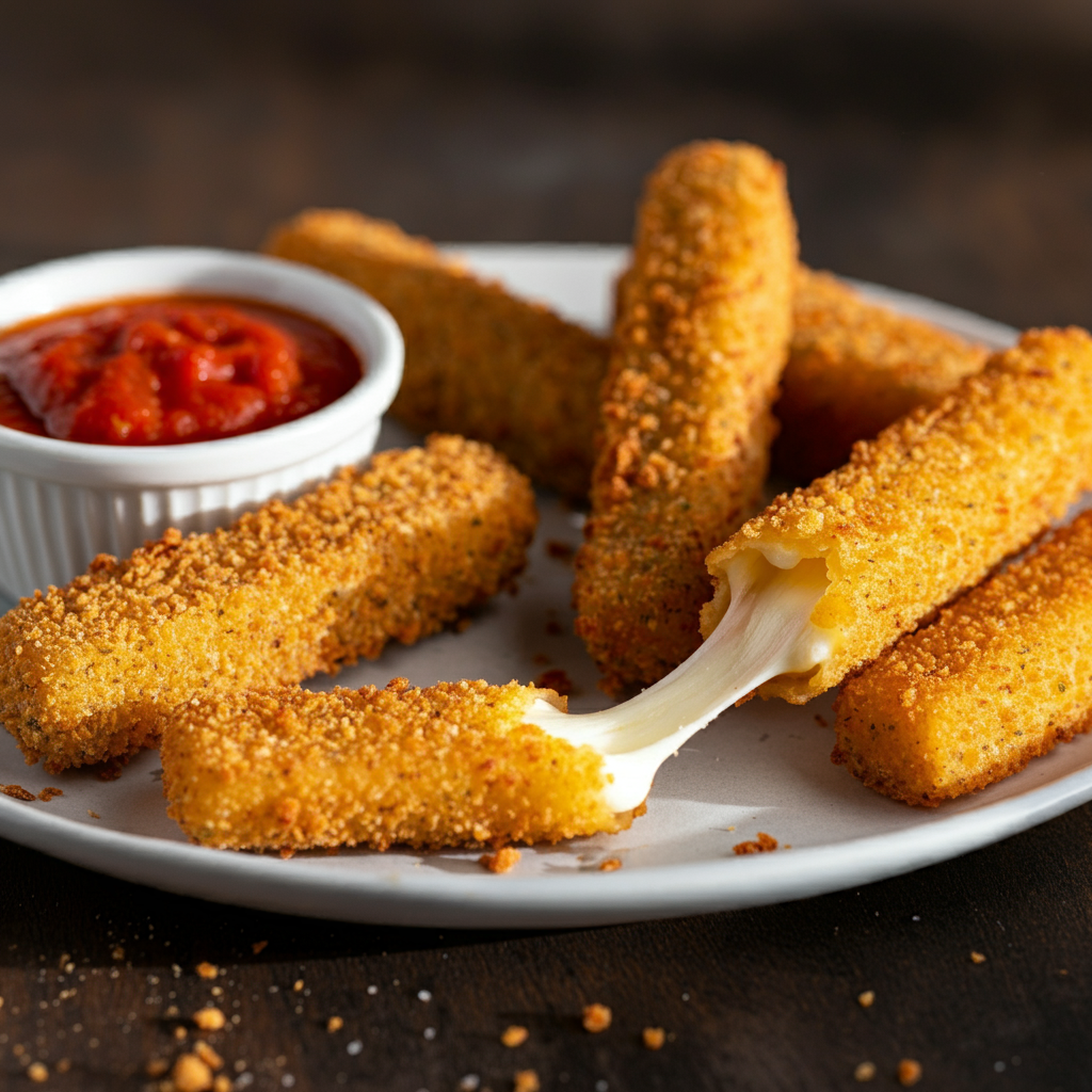 "Golden, crispy keto mozzarella sticks on a white plate with marinara sauce. A hand holds one stick with gooey, melted cheese stretching from a bite. The background features a clean kitchen setting, showing the casual, homemade snack in natural lighting."