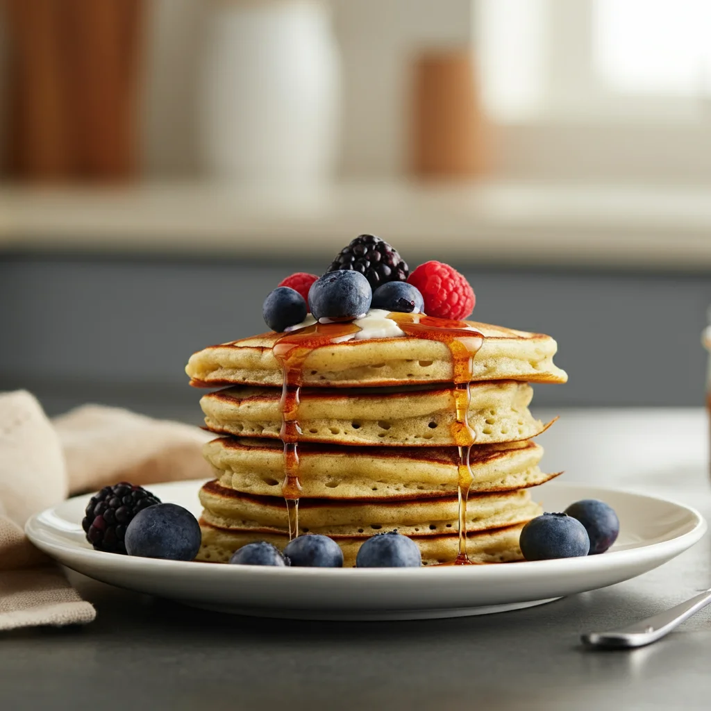 A stack of homemade Weight Watchers 0-Point Protein Pancakes on a simple white plate, drizzled with sugar-free syrup and garnished with fresh berries. The photo is taken from a slightly tilted angle with soft, natural lighting, capturing a warm, casual kitchen setting. The pancakes appear fluffy and golden brown, creating an inviting, home-cooked feel.