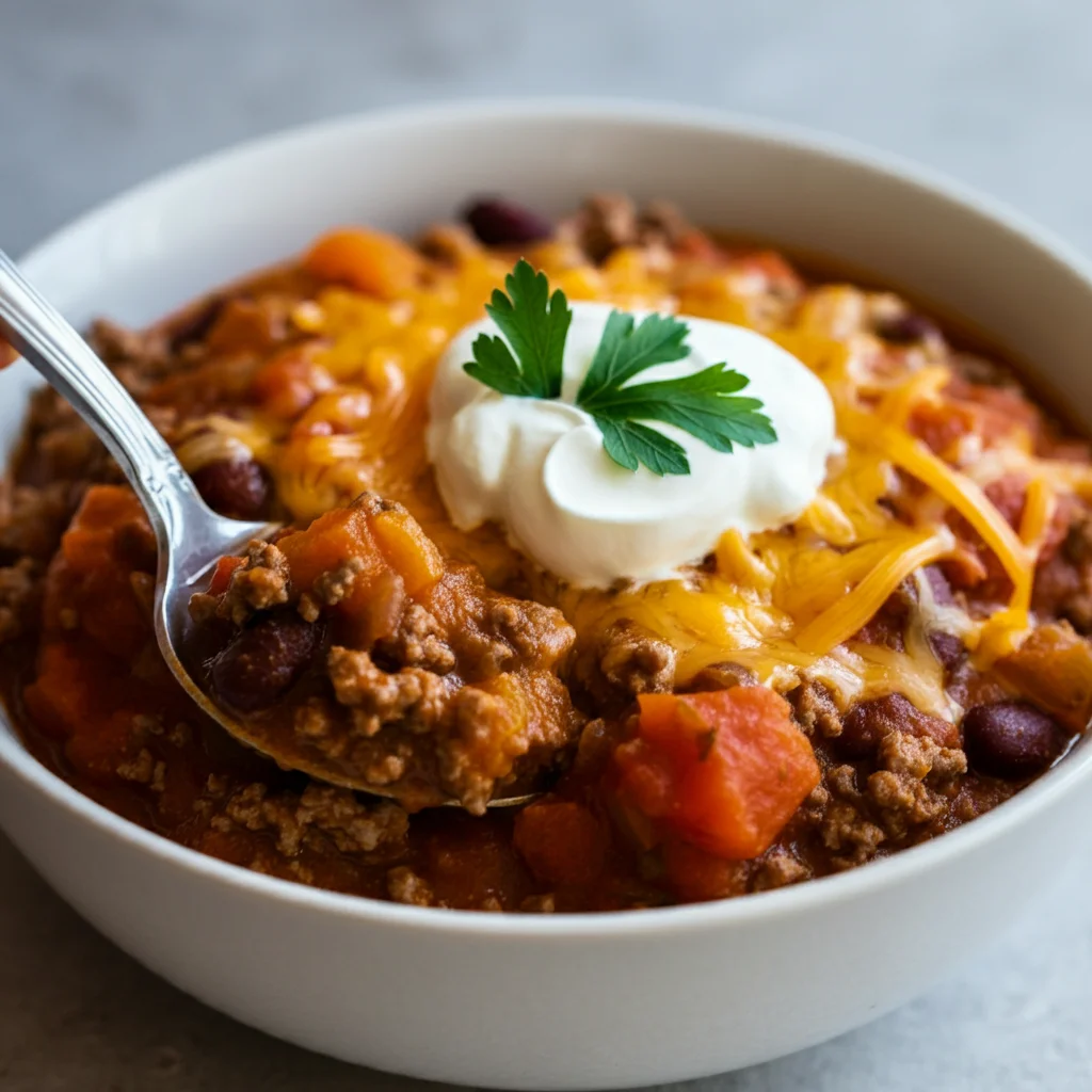 Keto Pumpkin Chili
A bowl of freshly prepared Keto Pumpkin Chili shot from a casual handheld angle, topped with cheese and sour cream.