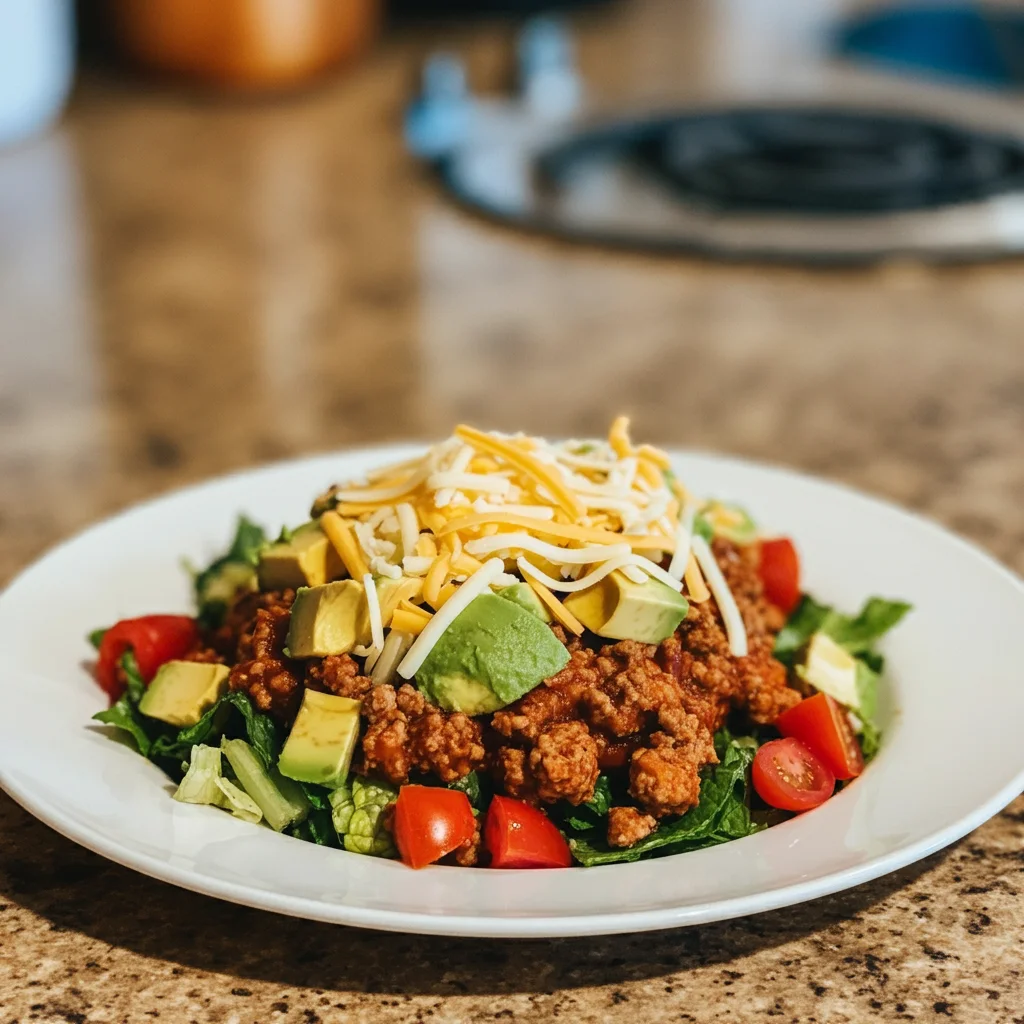 Keto Taco Salad Close-up shot of Keto Taco Salad highlighting greens, taco meat, shredded cheese, and tomatoes in a bowl.