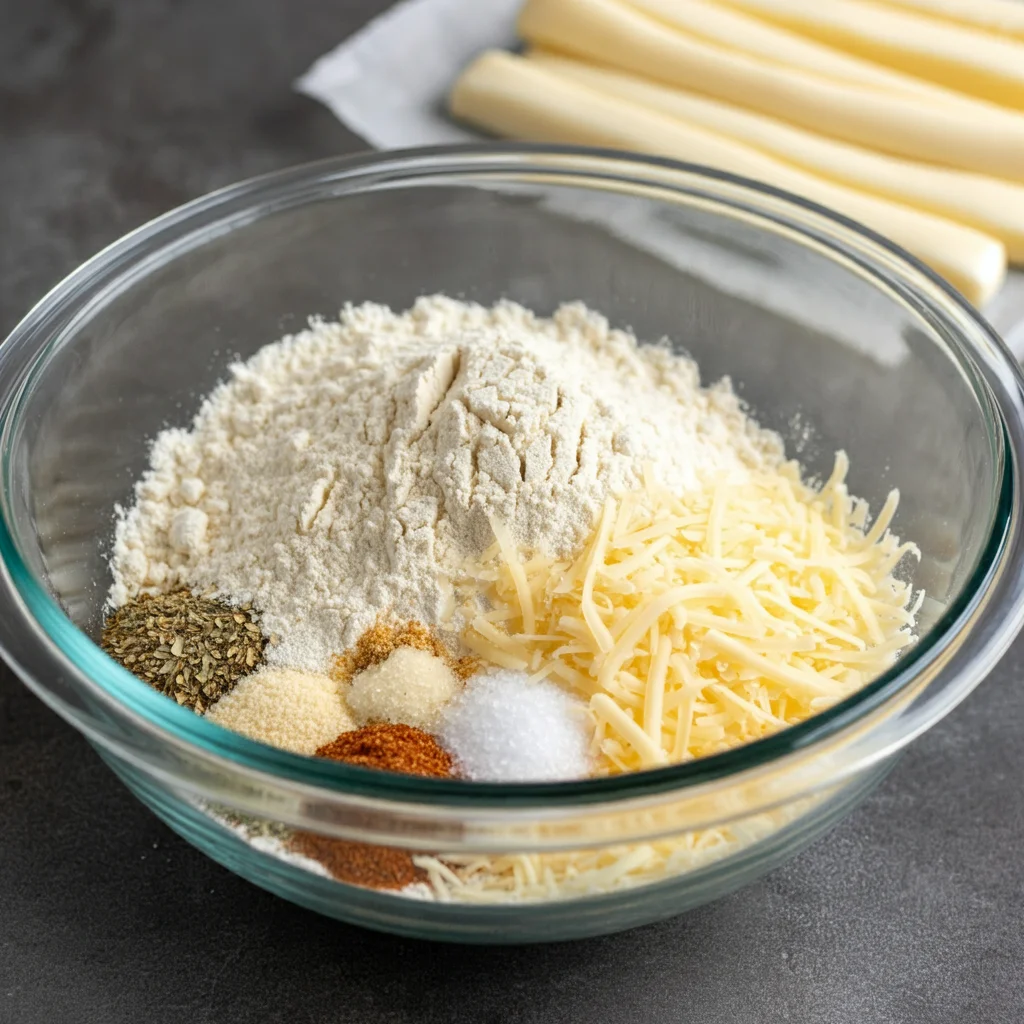 "Golden, crispy keto mozzarella sticks on a white plate with marinara sauce. A hand holds one stick with gooey, melted cheese stretching from a bite. The background features a clean kitchen setting, showing the casual, homemade snack in natural lighting."