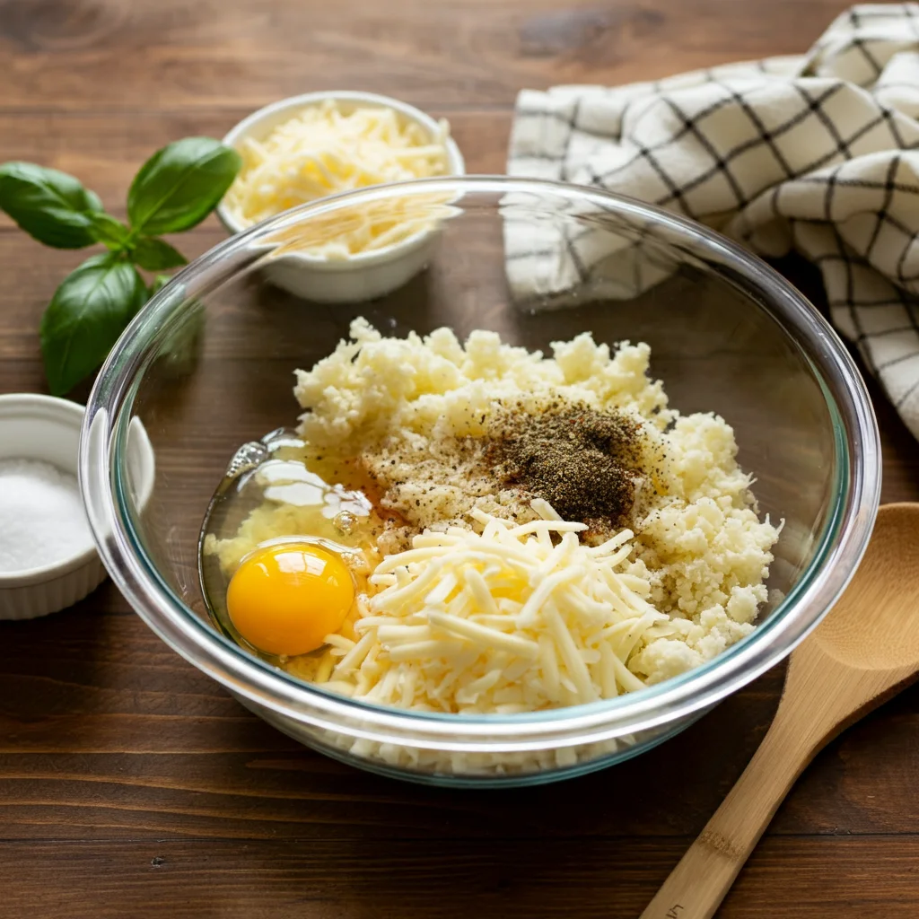 Ingredients for keto cauliflower pizza crust in a glass mixing bowl with additional ingredients in small bowls nearby.