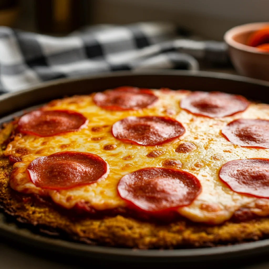 Handheld mobile photo of keto cauliflower pizza crust topped with melted cheese and pepperoni on a baking pan.