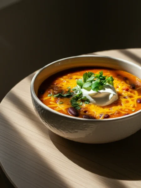 Keto Pumpkin Chili A hand holding a stylish bowl of Keto Pumpkin Chili, topped with cheese and sour cream, with a rustic autumn setting in the background