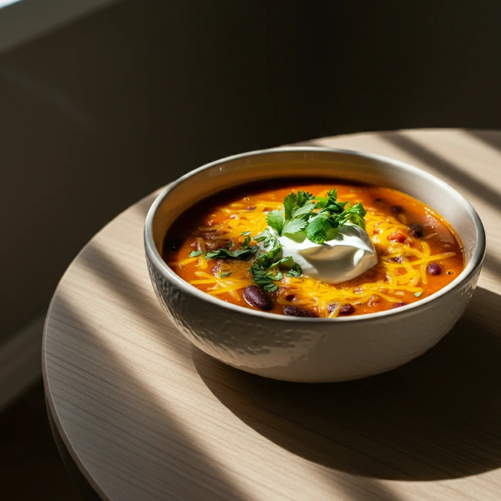 Keto Pumpkin Chili A hand holding a stylish bowl of Keto Pumpkin Chili, topped with cheese and sour cream, with a rustic autumn setting in the background