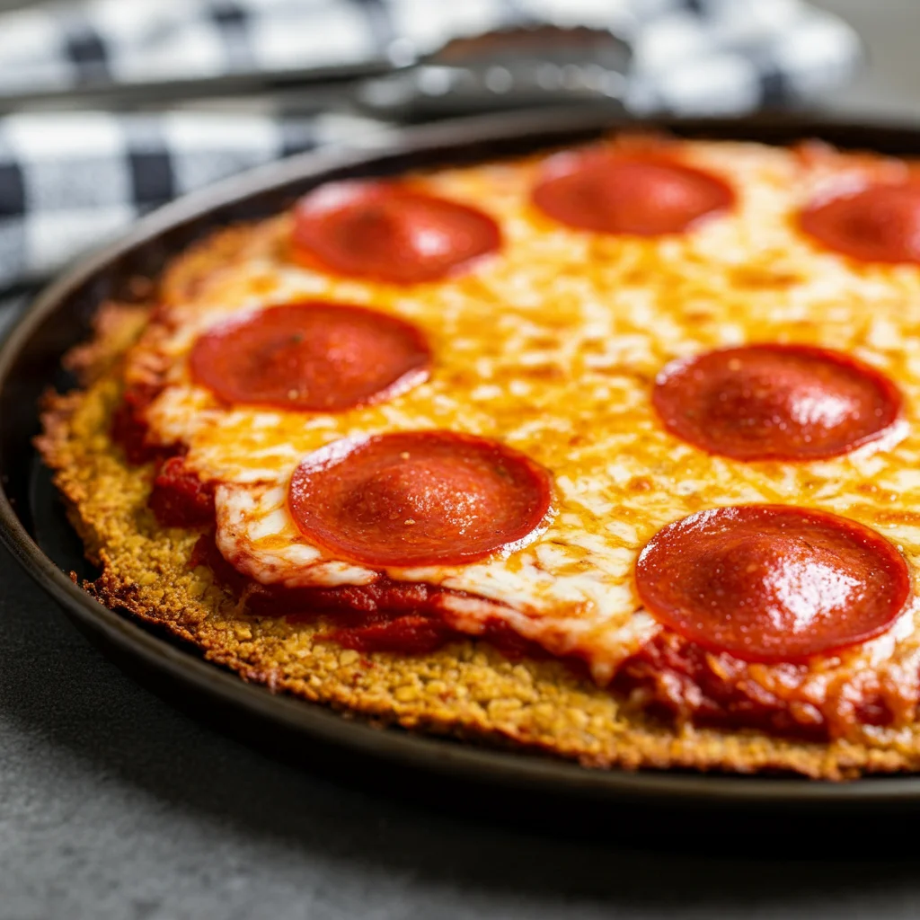 Handheld mobile photo of keto cauliflower pizza crust topped with melted cheese and pepperoni on a baking pan.