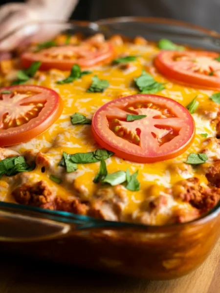 WW Taco Bake Casserole Close-up of a spoon lifting a portion of cheesy Taco Bake Casserole from a baking dish, with cheese stretching as it's placed onto a nearby plate.