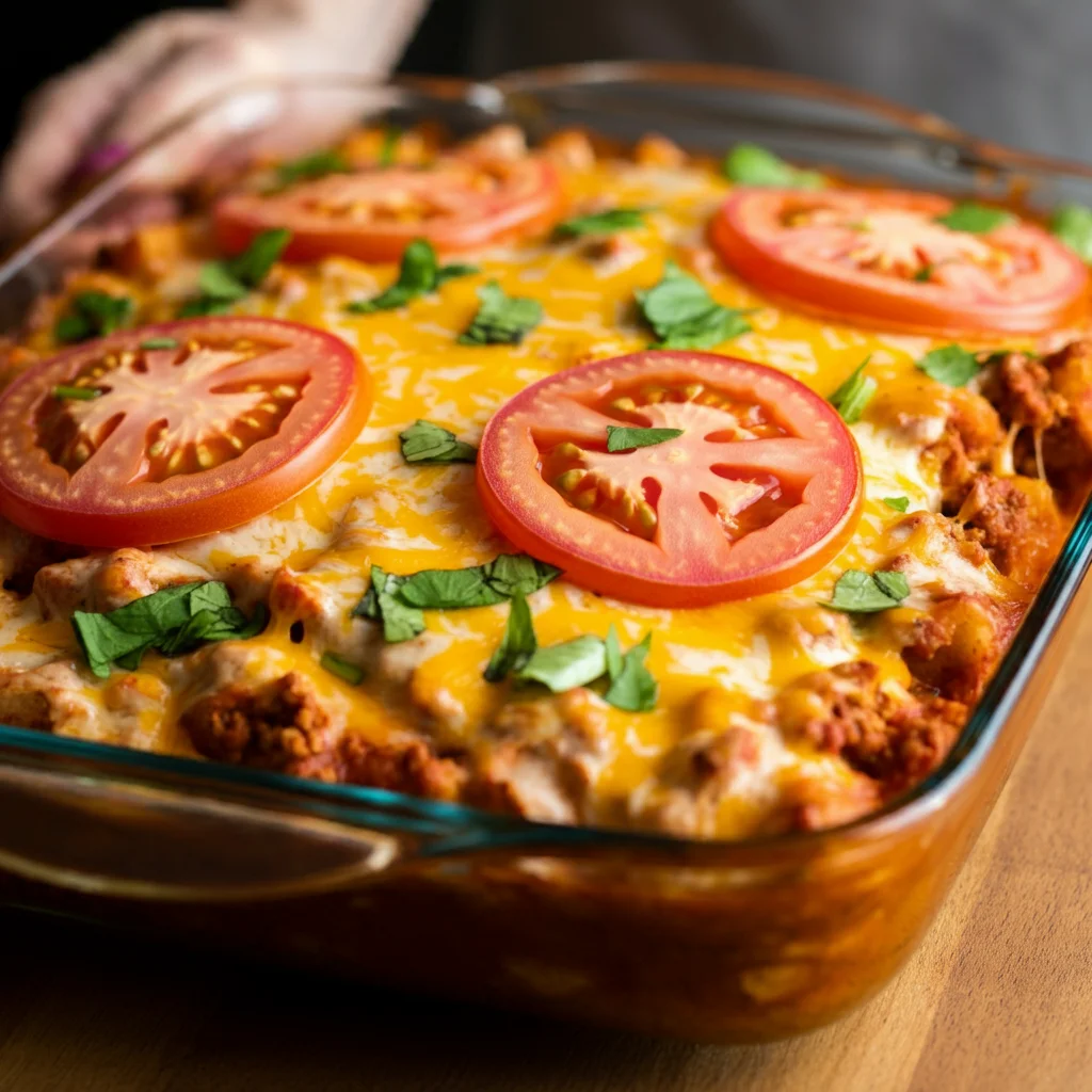 WW Taco Bake Casserole Close-up of a spoon lifting a portion of cheesy Taco Bake Casserole from a baking dish, with cheese stretching as it's placed onto a nearby plate.