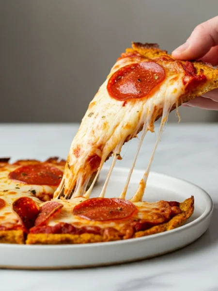 A hand holding a slice of keto cauliflower pizza with pepperoni, with the rest of the pizza on a white plate.