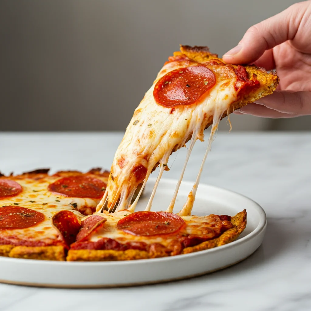 A hand holding a slice of keto cauliflower pizza with pepperoni, with the rest of the pizza on a white plate.