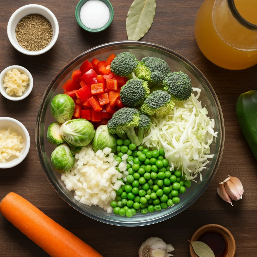 "A bright and colorful bowl of WW 0-point veggie soup filled with fresh, healthy vegetables like Brussels sprouts, broccoli, peas, cabbage, and carrots, all simmering in a light broth. The soup is captured in a cozy home kitchen setting, with natural sunlight highlighting the vibrant vegetables. This nutritious, low-calorie soup is perfect for Weight Watchers, offering a wholesome meal that’s both filling and guilt-free. The vegetables float in the broth, showcasing their tenderness and fresh quality. A hand holds the bowl in one image, giving it a casual, homemade feel, while another image captures the soup from a different angle, emphasizing the simplicity and comfort of this healthy dish."