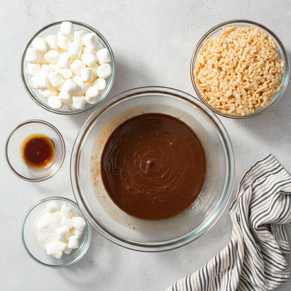 WW Chocolate Rice Krispie Balls Recipe Ingredients for WW Chocolate Rice Krispie Balls: melting chocolate in a glass bowl with mini marshmallows, vanilla extract, and Rice Krispies in small bowls on a bright kitchen counter.