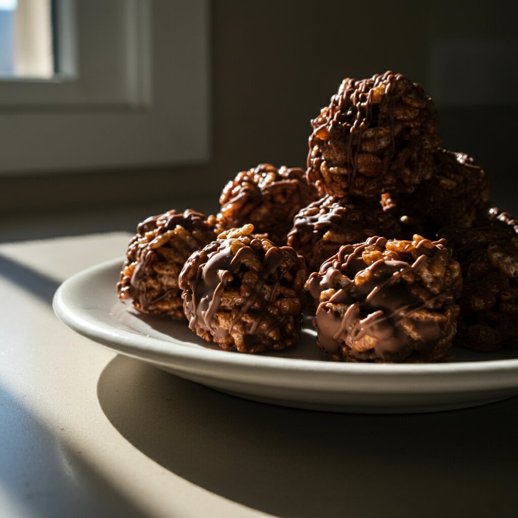 WW Chocolate Rice Krispie Balls Recipe Side view of WW Chocolate Rice Krispie Balls on a plate, taken at a slight tilt with a mobile phone, highlighting the crunchy texture and glossy chocolate.