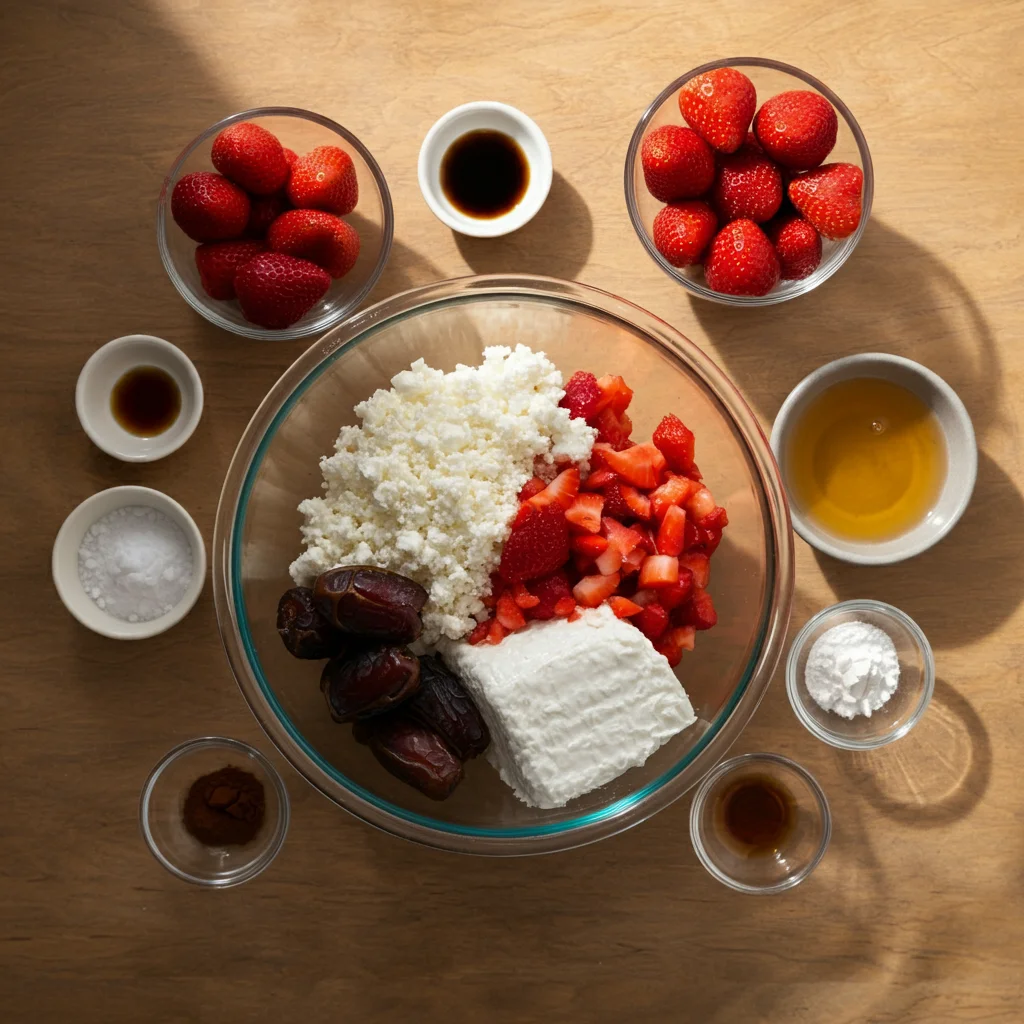 WW Strawberry and Cottage Cheese Muffins Ingredients for WW Strawberry and Cottage Cheese Muffins in a glass bowl with small bowls of vanilla, baking powder, and strawberries on a kitchen counter.