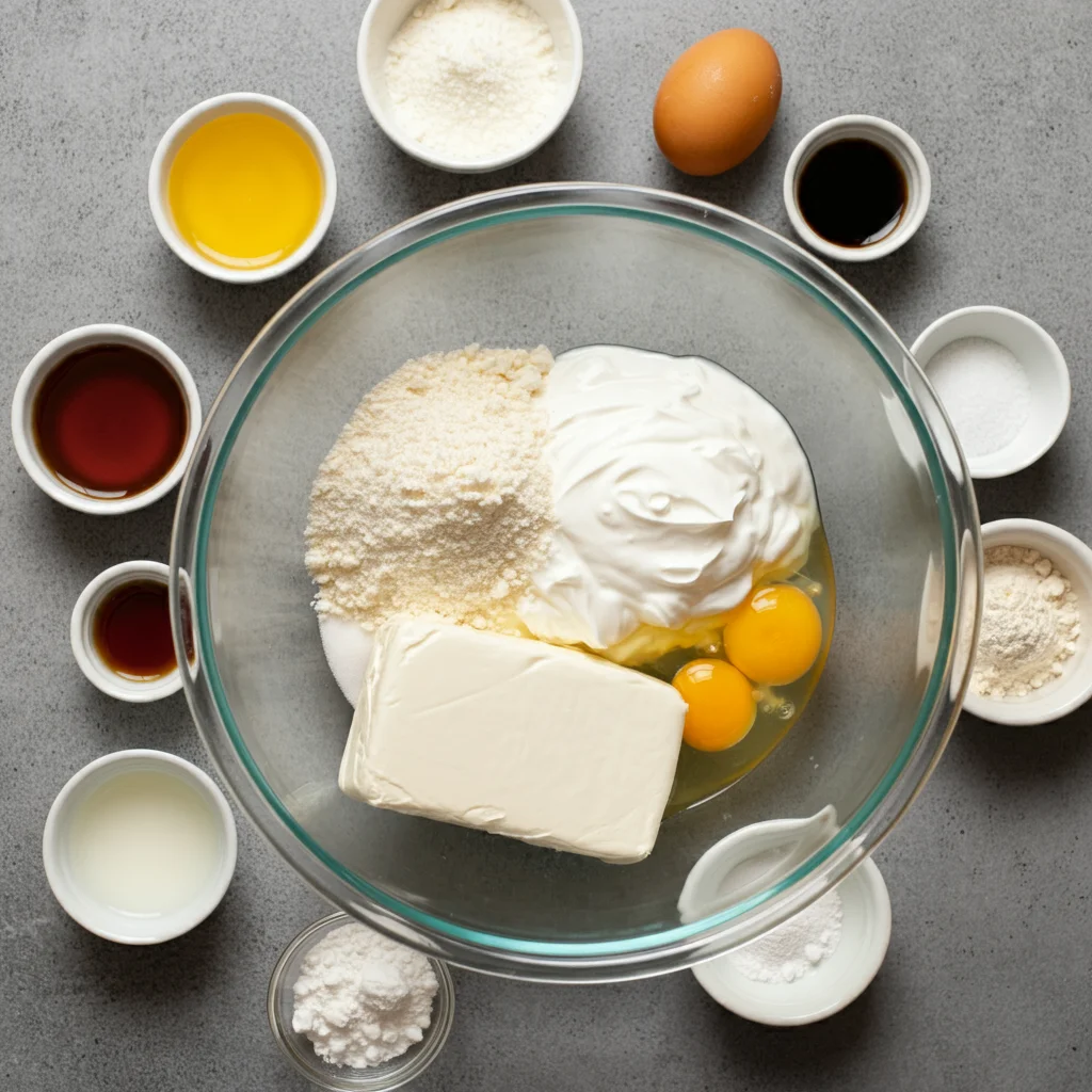 Ultimate Fluffy Keto Cheesecake Ingredients for keto fluffy cheesecake in a glass bowl, including cream cheese, heavy cream, eggs, coconut flour, and powdered sweetener.