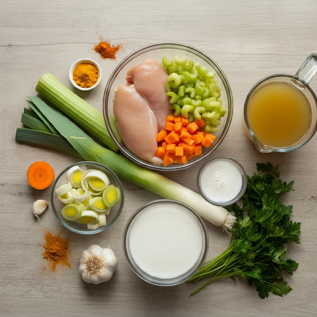 Anti-Inflammatory Turmeric Chicken Soup Overhead view of ingredients for turmeric chicken soup: chopped carrots, celery, leeks, garlic, turmeric, chicken, coconut milk, broth, and parsley in bowls on a wooden surface.