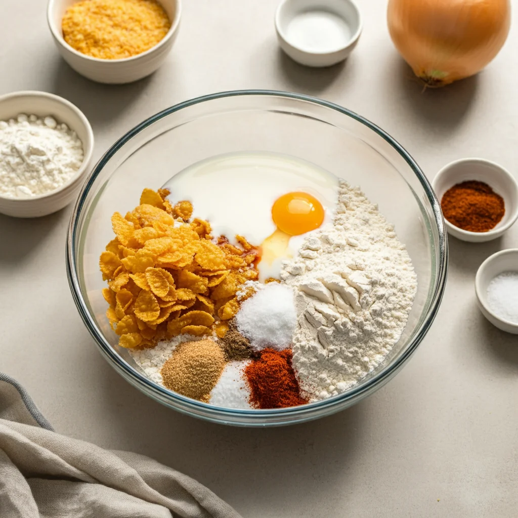 WW Onion Rings Glass bowl with ingredients for WW Onion Rings on a light countertop, surrounded by small bowls of cornflake crumbs, flour, and spices.