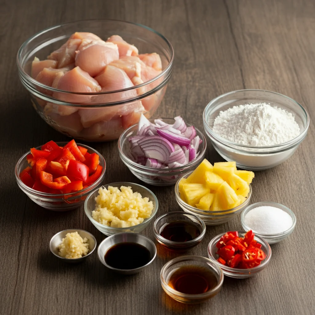 WW Baked Sweet and Sour Chicken Ingredients for WW Baked Sweet and Sour Chicken in small glass bowls on a wooden surface, including chicken, bell peppers, onions, pineapple, garlic, chili, ginger, ketchup, soy sauce, vinegar, sugar, and cornflour.